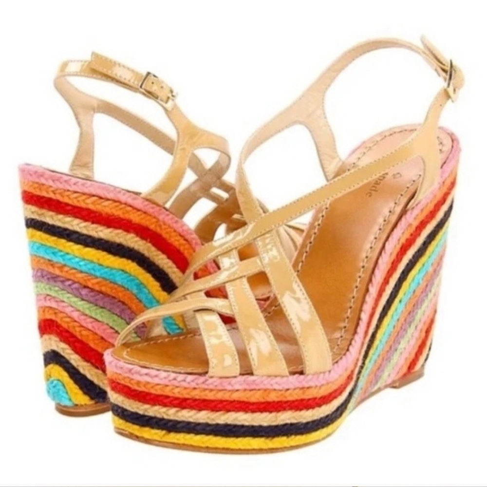 Kate Spade Lindsey Nude Leather‎ Strappy Rainbow Espadrille Platform Sandals 7.5